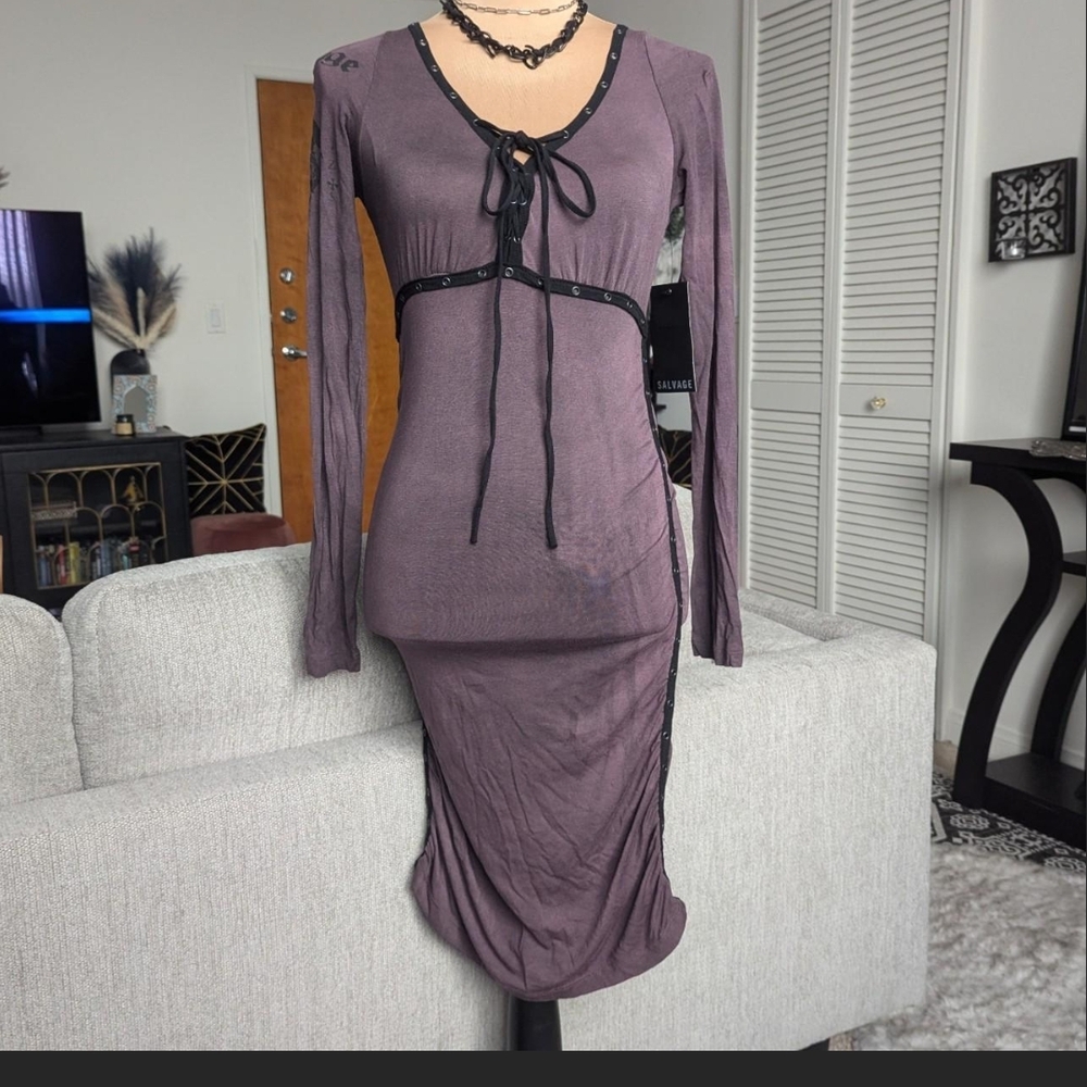 NWT SALVAGE Purple Long Sleeved Graphic Print Lace-Up Front & Back Dress. M/L